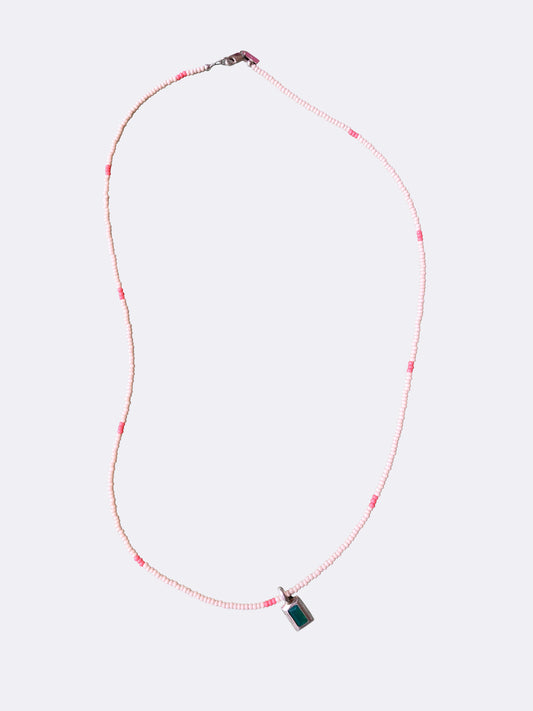 Ecru and Pink Beaded Necklace with Green Onyx Baguette Pendant