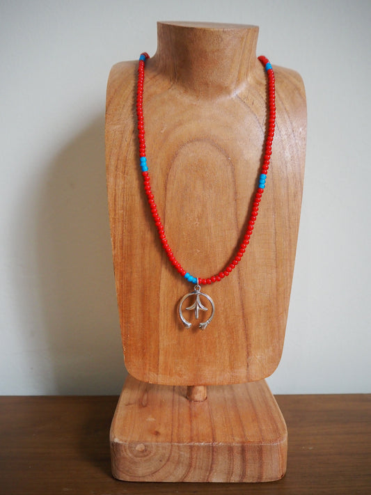 Red and Blue White Heart Beaded Necklace with silver Naja Pendant