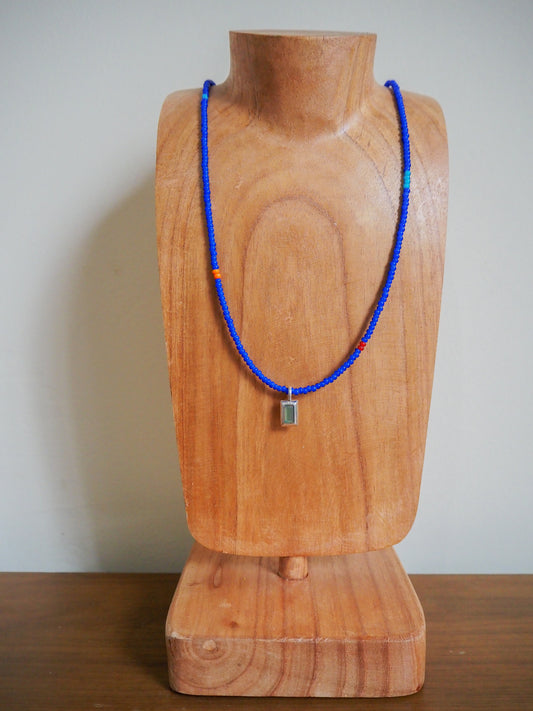 Cobalt Blue White Heart Bead Necklace with green onyx pendant