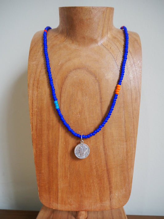 Cobalt Blue White Heart Bead Necklace with Vintage Silver Mercury Dime Pendant